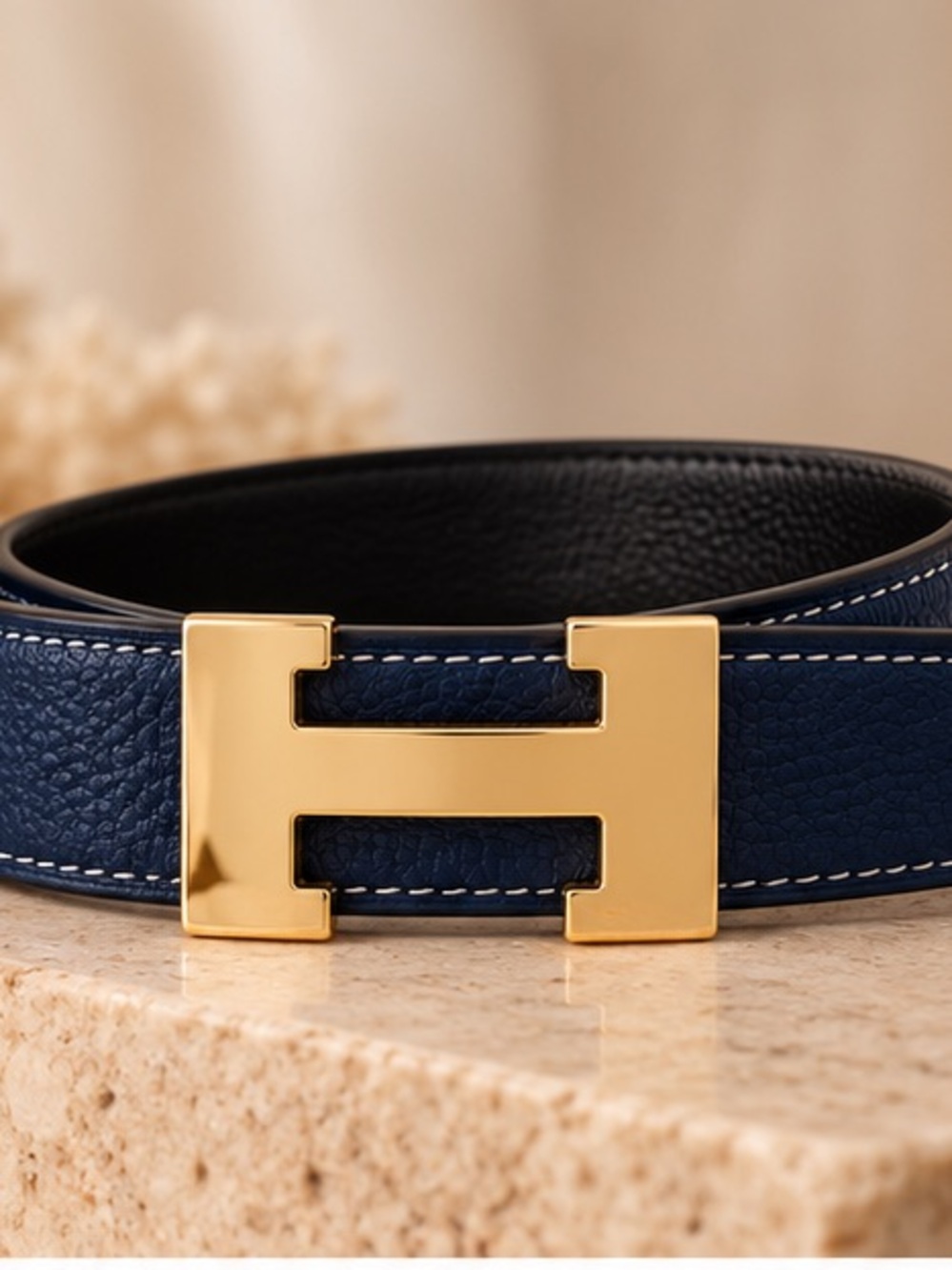 Navy Blue Gold Buckle Designer Inspired Reversible Belt